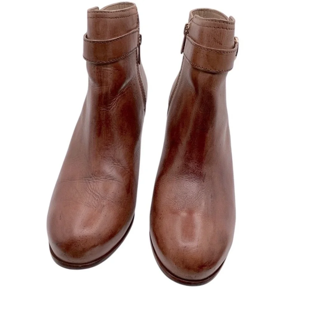 Tory Burch Tan Leather Ankle Boots Stiletto Heel Logo Medallion Womens 10